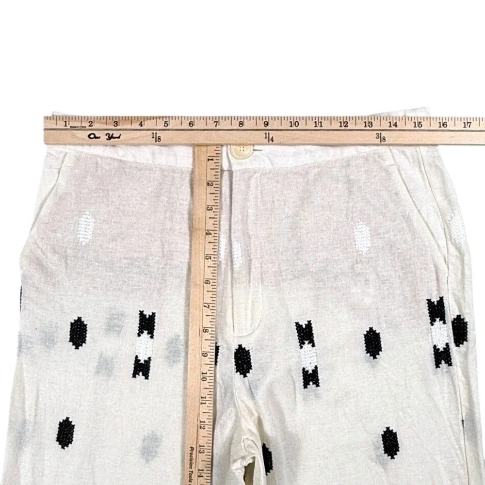 Zara Womens Linen Blend Embroidered Geometric Straight Leg Pants White Green L